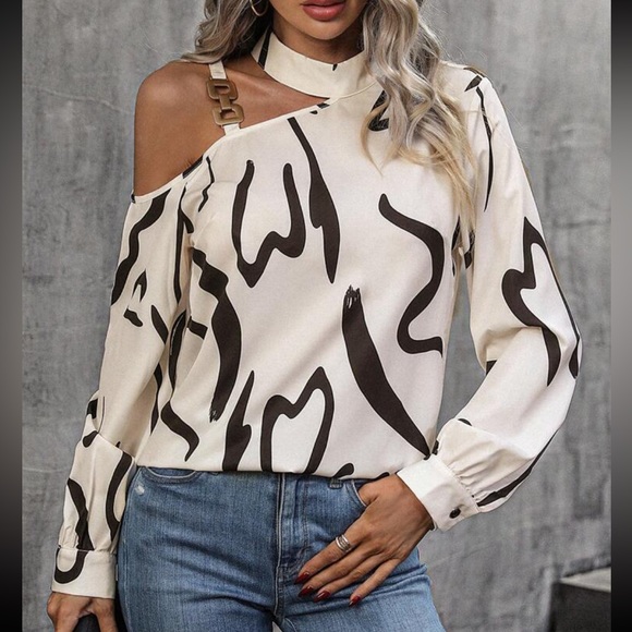 Elegant Off Cold Shoulder Asymmetrical Neck Long Sleeve Top Blouse Shirt - Picture 6 of 6